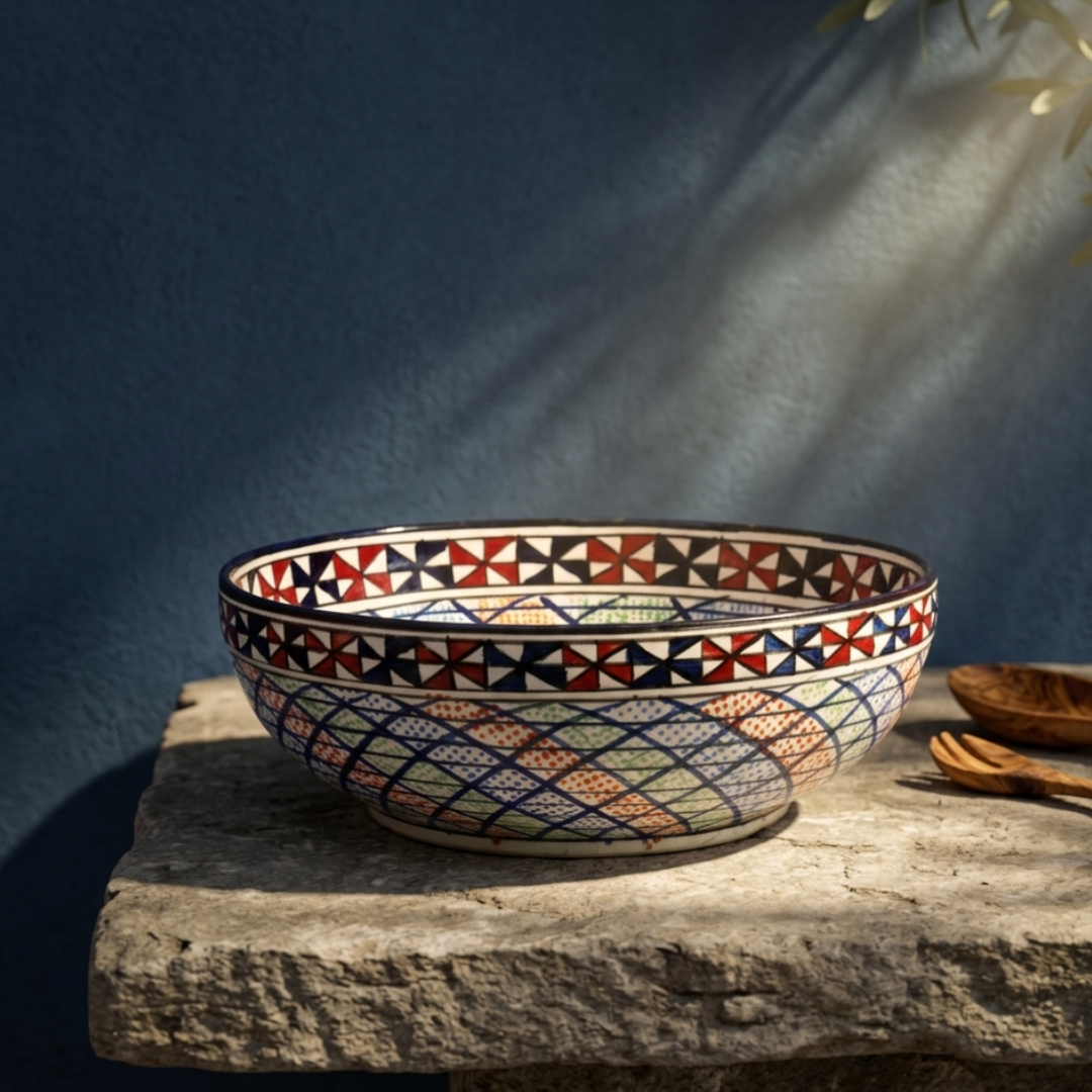 Colorful mosaic ceramic bowl for serving and decorative table displays